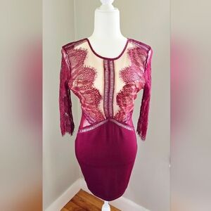 Burgundy Sheer & Lace Bodycon Dress